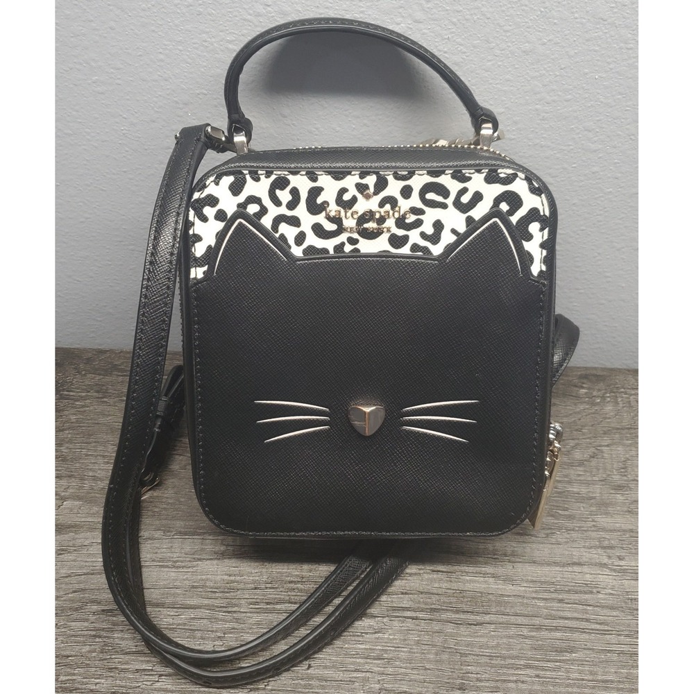 Kate Spade Daisy Vanity Meow Cat Black Leather Crossbody Bag With Top Handle EUC